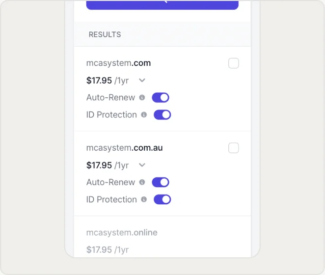 Mobile domain search results