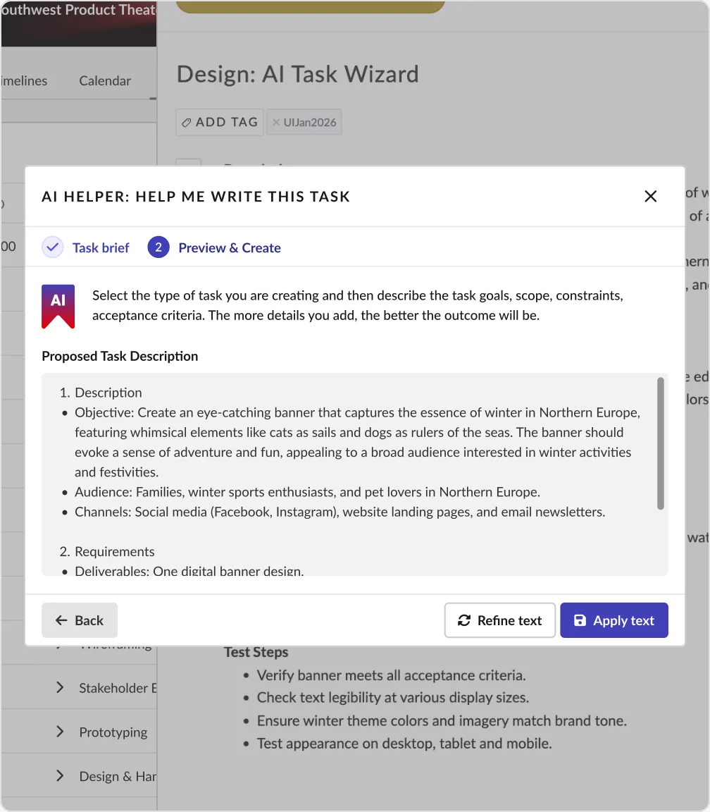 Production AI Helper Preview & Create step over a live Pronto task