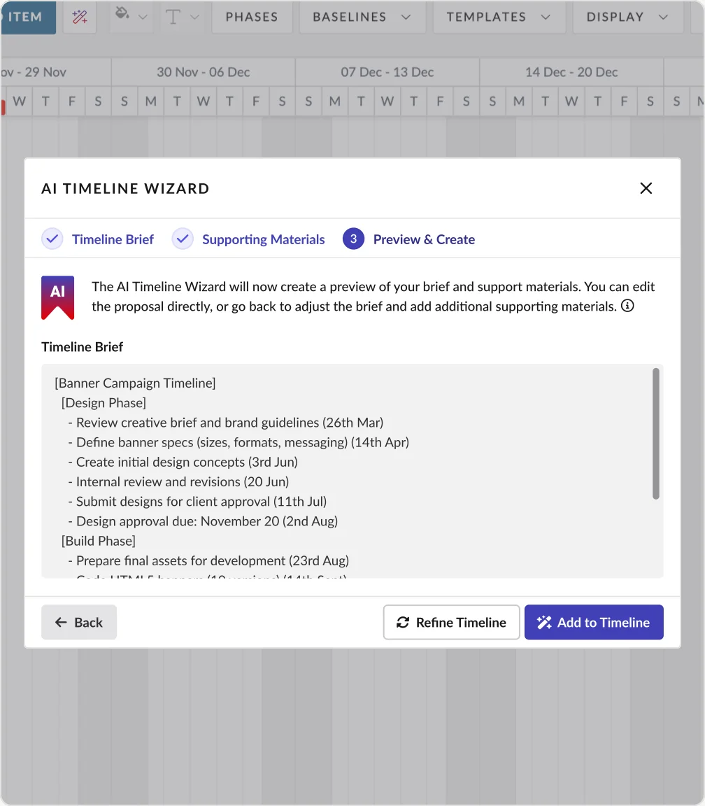 Production AI Timeline Wizard Preview & Create step over a live project timeline
