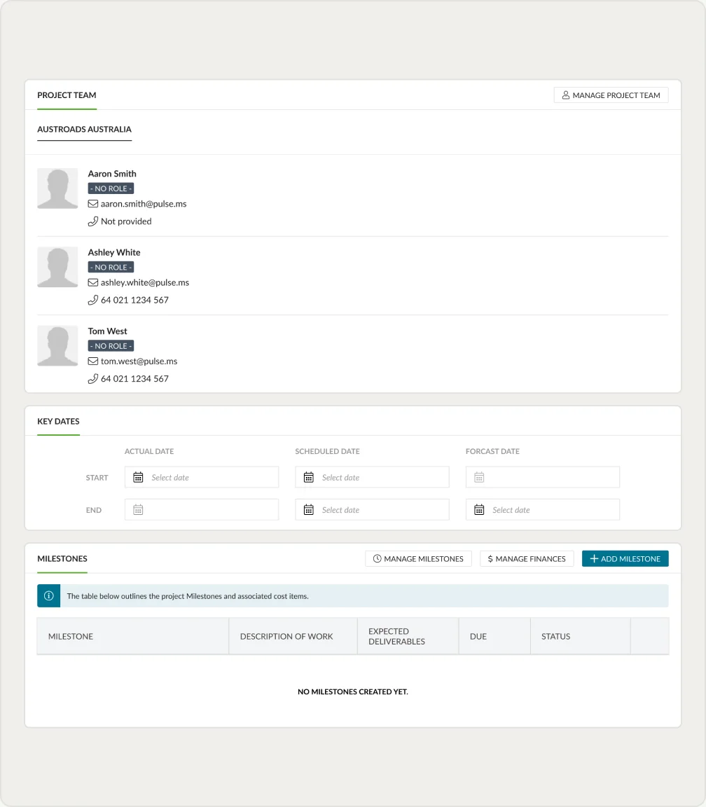 Project team, key dates and milestones widgets from the original dashboard