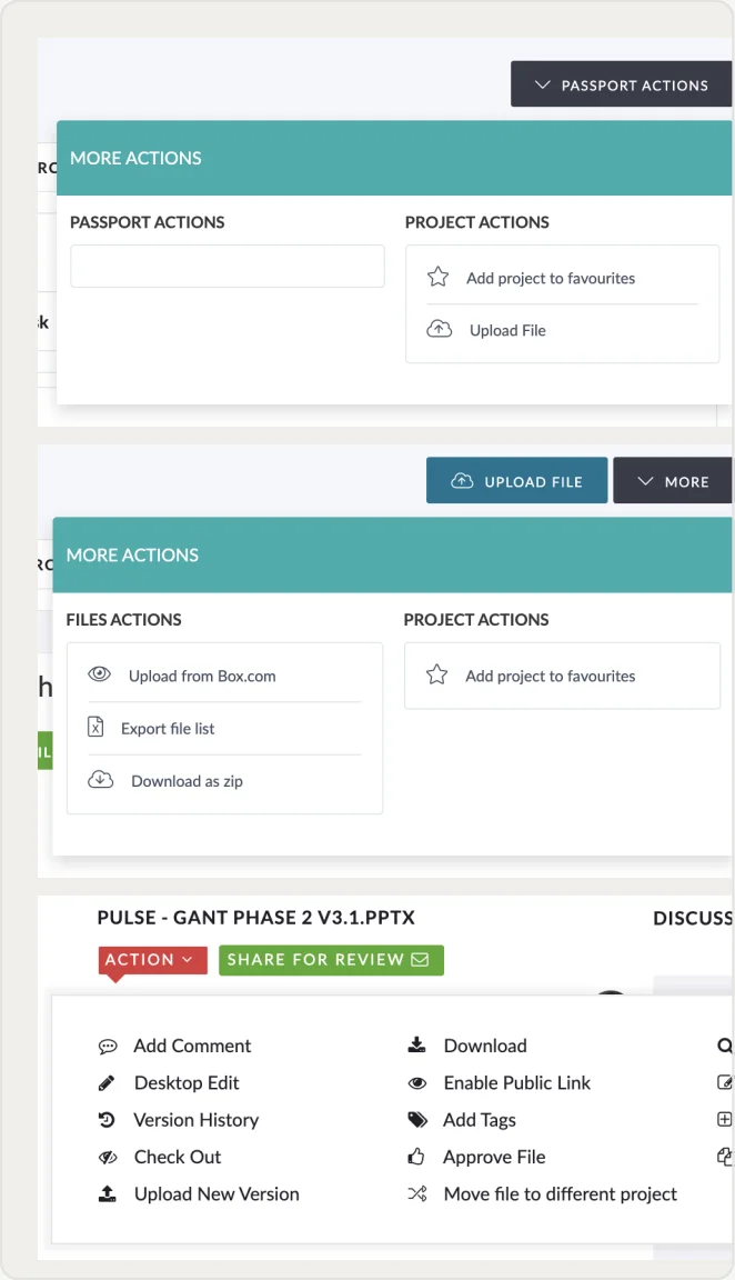 Differently structured action menus catalogued across the product