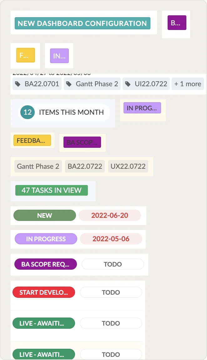Differently styled tags and status labels catalogued across the product