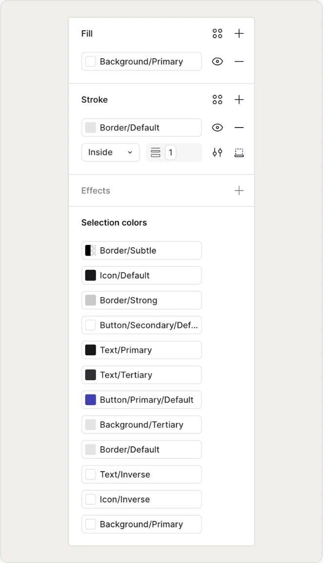 Selection colours panel listing the semantic tokens applied to a component